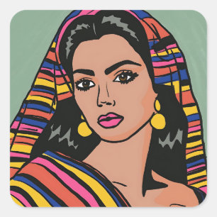 Handgetekende Mexicaanse vrouw met kleurrijke sara Vierkante Sticker