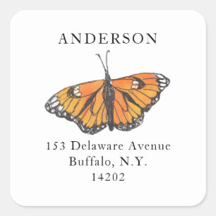 Handgetekende Monarch Butterfly Square Retouradres Vierkante Sticker