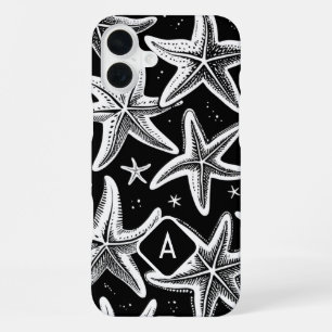 Handgetekende monografische zeester op zwarte acht iPhone 16 plus hoesje