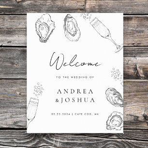 Handgetekende oesters champagne script welkomstbor poster