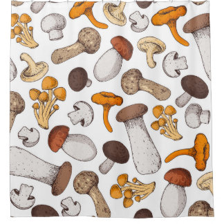 Handgetekende paddenstoelen: voedselachtergrond. douchegordijn