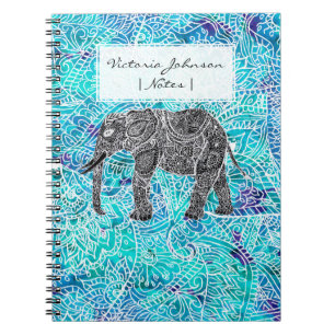 Handgetekende paisley boho elephant blue turquoise notitieboek