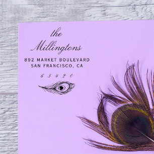 Handgetekende pauwenveer naam & retouradres zelfinktende stempel