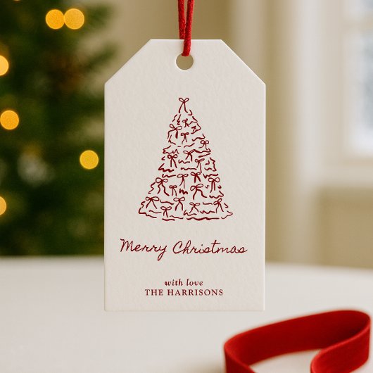 Handgetekende rode boog kerstboom cadeaulabel