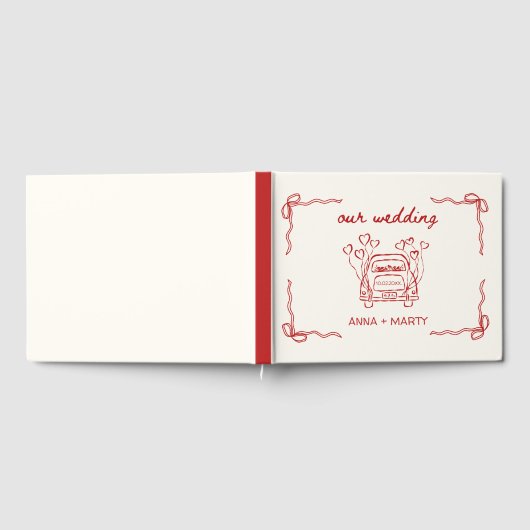Handgetekende rode retro bogen trouwauto uniek gastenboek (Volledig)