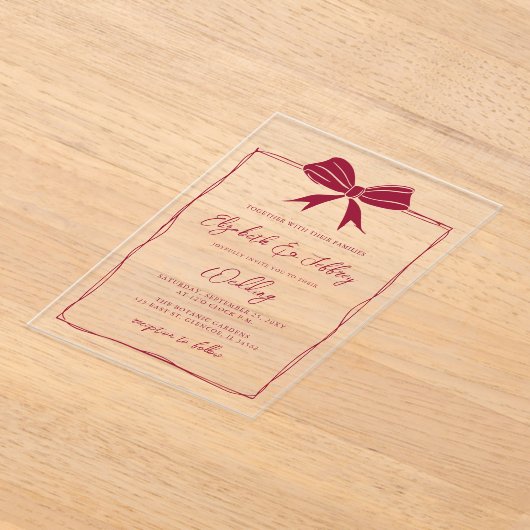 Handgetekende rode strik Coquette Modern Chic Wedd Acryl Uitnodigingen (Laagn)