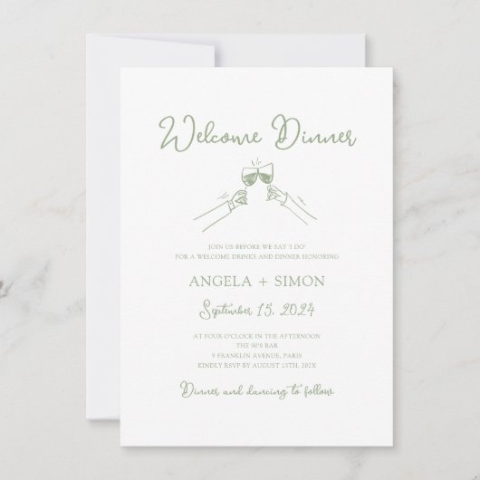 Handgetekende Sage Green Welcome Dinner Invitation Kaart (Voorkant)