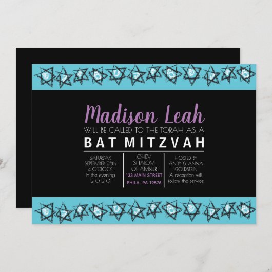 HANDGETEKENDE STERREN Bar/Bat Mitswa Uitnodiging (Voorkant / Achterkant)