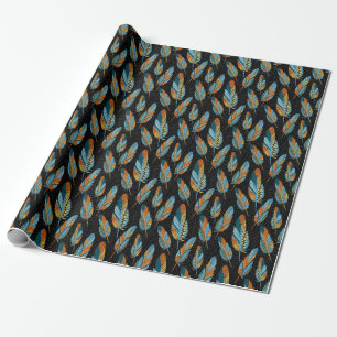 Handgetekende veren: kleurrijke achtergrond. cadeaupapier