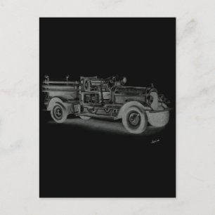 handgetekende vintage brandweerwagen omgekeerd briefkaart
