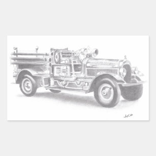 handgetekende vintage brandweerwagen schets rechthoekige sticker