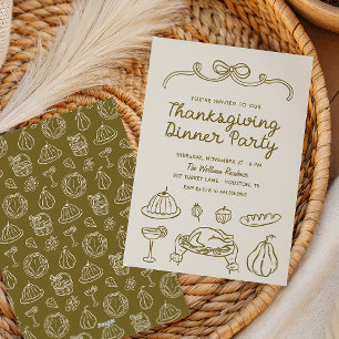 Handgetekende Whimsical Thanksgiving Dinner Uitnod Feestdagenkaart