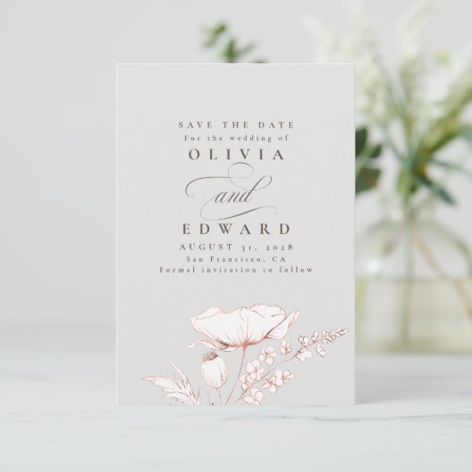 Handgetekende Wildbloemen Licht grijs Opslaan Datu Save The Date (Staand voorkant)