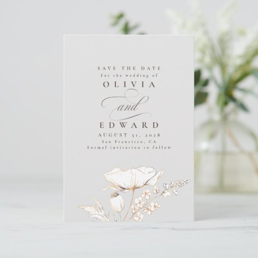 Handgetekende Wildbloemen Licht grijs Opslaan Datu Save The Date (Staand voorkant)