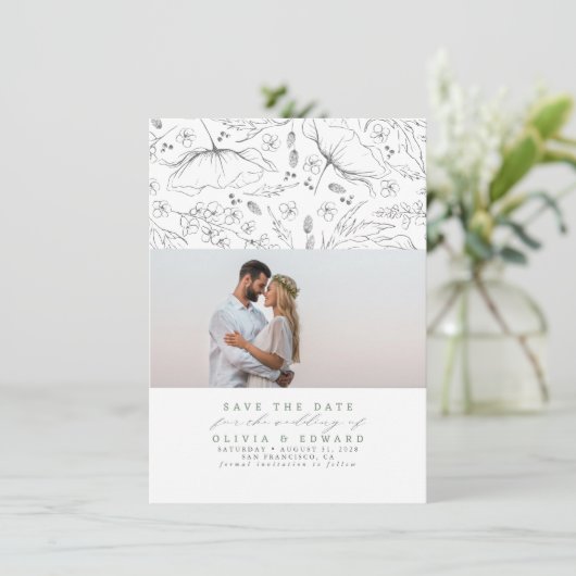 Handgetekende Wildbloemen Sage Save the Date Photo (Staand voorkant)