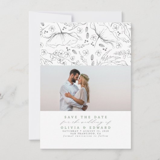 Handgetekende Wildbloemen Sage Save the Date Photo (Voorkant)