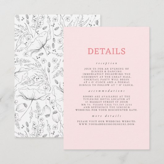 Handgetekende Wildflower Pattern Wedding Details Informatiekaartje (Voorkant / Achterkant)