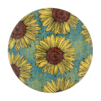 Handgetekende zonnebloemen Mint blauw Snijplank