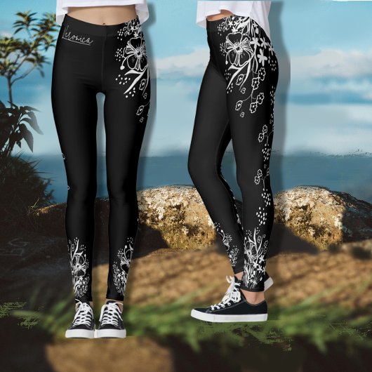 Handgetekende Zwart-wit Bloemen Leggings
