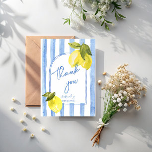Handgetrokken blauw strepen citroenen baby shower bedankkaart