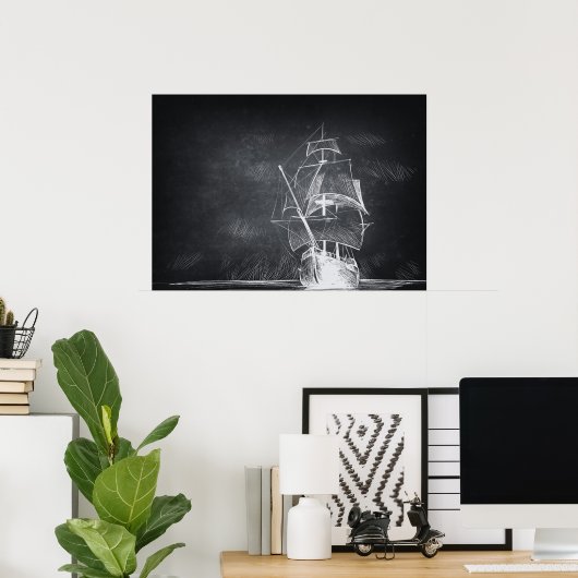 Handgetrokken boot zwart-wit poster (Thuiskantoor)