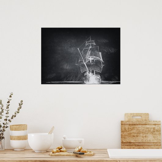 Handgetrokken boot zwart-wit poster (Keuken)