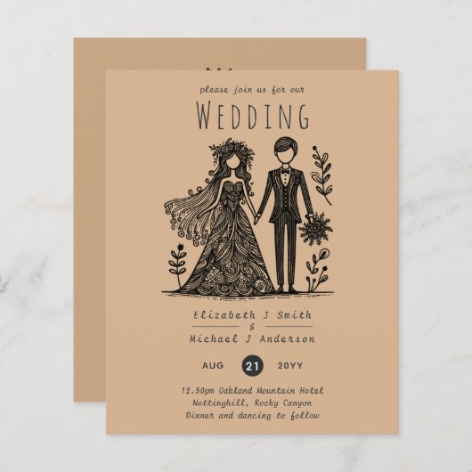 Handgetrokken bruiloft Cartoon bruid bruidegom Ter (Voorkant / Achterkant)