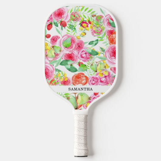 Handgetrokken elegante roze rozen, schattig & vrou pickleball paddle (Voorkant)
