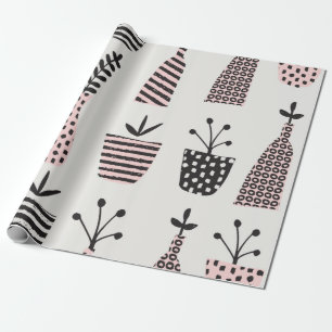 Handgetrokken naadloos patroon met planten in zwar cadeaupapier