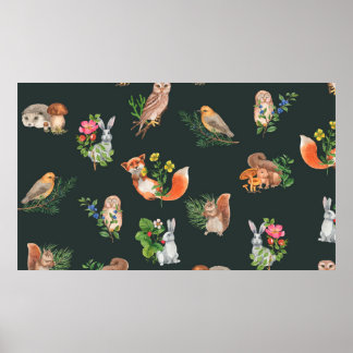 Handgetrokken naadloos patroon met waterverf bos poster