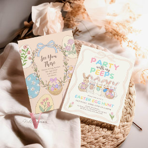 Handgetrokken pastel Bunny Easter Egg Hunt Brunch Kaart