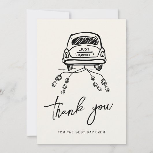 Handgetrokken trendy trouwauto script grillig bedankkaart (Voorkant)