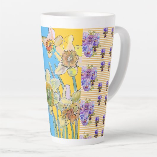 Handgeverfd Blauw Geel Daffodil florale Latte Mok (Rechterhoek)