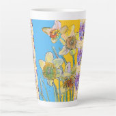 Handgeverfd Blauw Geel Daffodil florale Latte Mok (Voorkant)