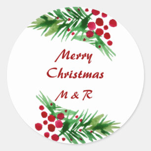 Handgeverfde Waterverf Pijn Wreater, rode bessen Ronde Sticker