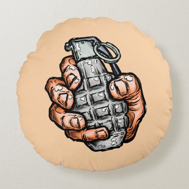 Handgrenade in stripstijl rond kussen (Voorkant)
