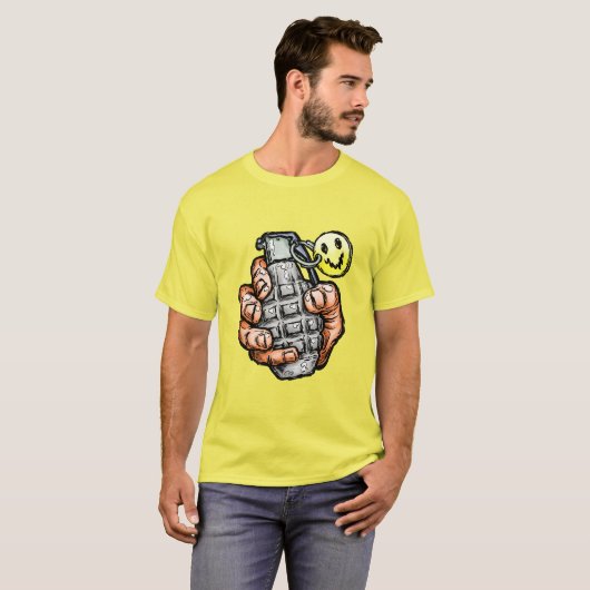 Handgrenade met gelukkig gezicht, stripstijl t-shirt (Voorkant volledig)