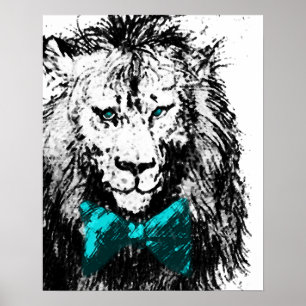 Handige leeuw met blauw Stropdas met blauwe poot e Poster
