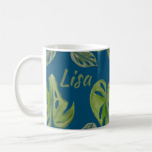 Handje Waterverf Monstera Adansonii Leaf Blue Koffiemok