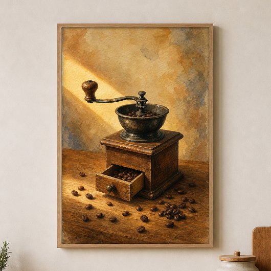 Handkoffiemolen & Koffiebonen Aquarel Poster