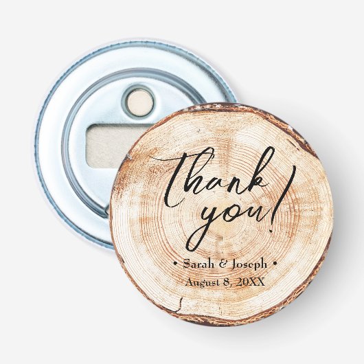 Handlettering script tree wood slice bruiloft favo button flesopener (Voorkant)