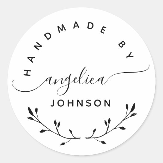 Handmade By Elegant Script Botanical Ronde Sticker (Voorkant)