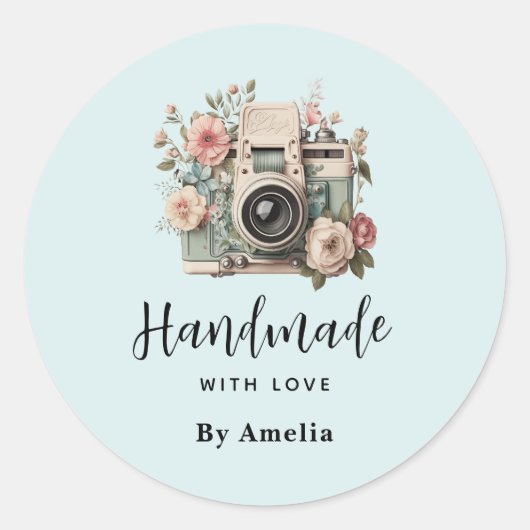 Handmade with Love Camera with Flowers Retro Ronde Sticker (Voorkant)