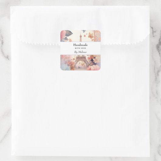 handmade with Love Eiffel Tower and Flowers Vierkante Sticker (Tas)