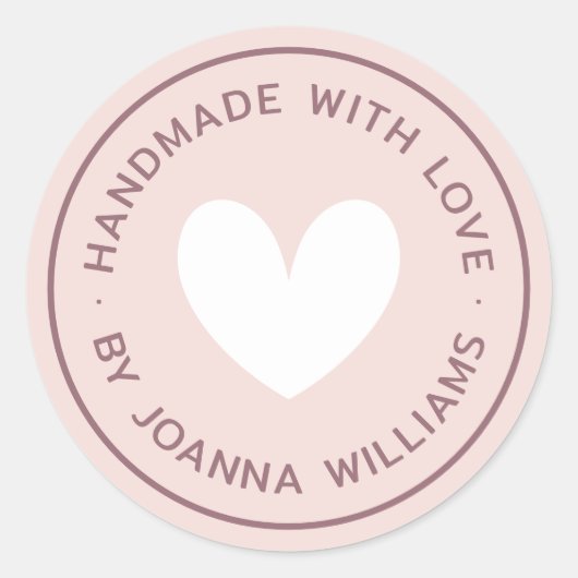 Handmade with love heart name light blush pink ronde sticker (Voorkant)