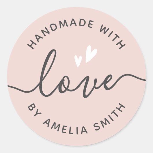 Handmade with love hearts name light blush pink ronde sticker (Voorkant)