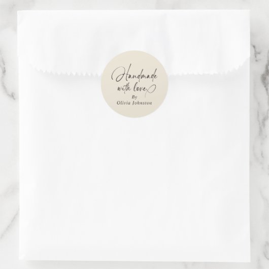 Handmade With Love Script Small Business | Ecru Ronde Sticker (Tas)