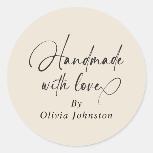 Handmade With Love Script Small Business | Ecru Ronde Sticker (Voorkant)