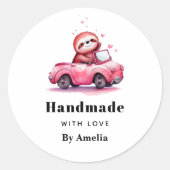 handmade with Love Sloth in a Pink Convertible Ronde Sticker (Voorkant)