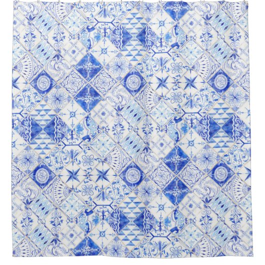 Handmatig gekleurd Patchwork Blue White Tegel Patt Douchegordijn (Voorkant)